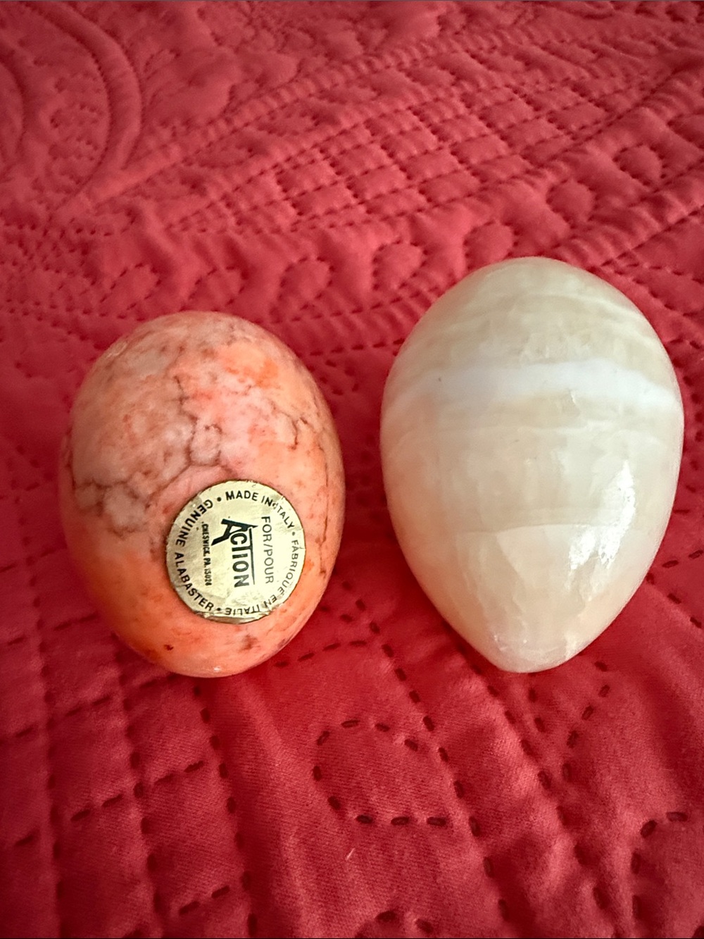 vintage 1970’s Italian made Alabaster Eggs. Pink Alabaster and a Cream and whi